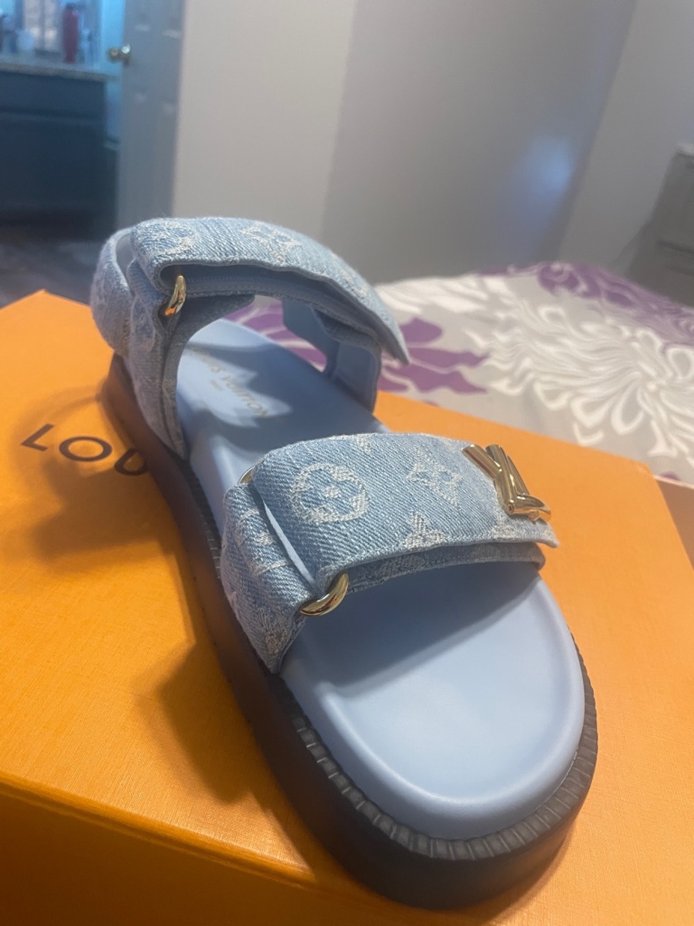 Louis Vuitton Sunset Flat Blue Monogram Denim Sandals with Gold Accent - Picture 2 of 5